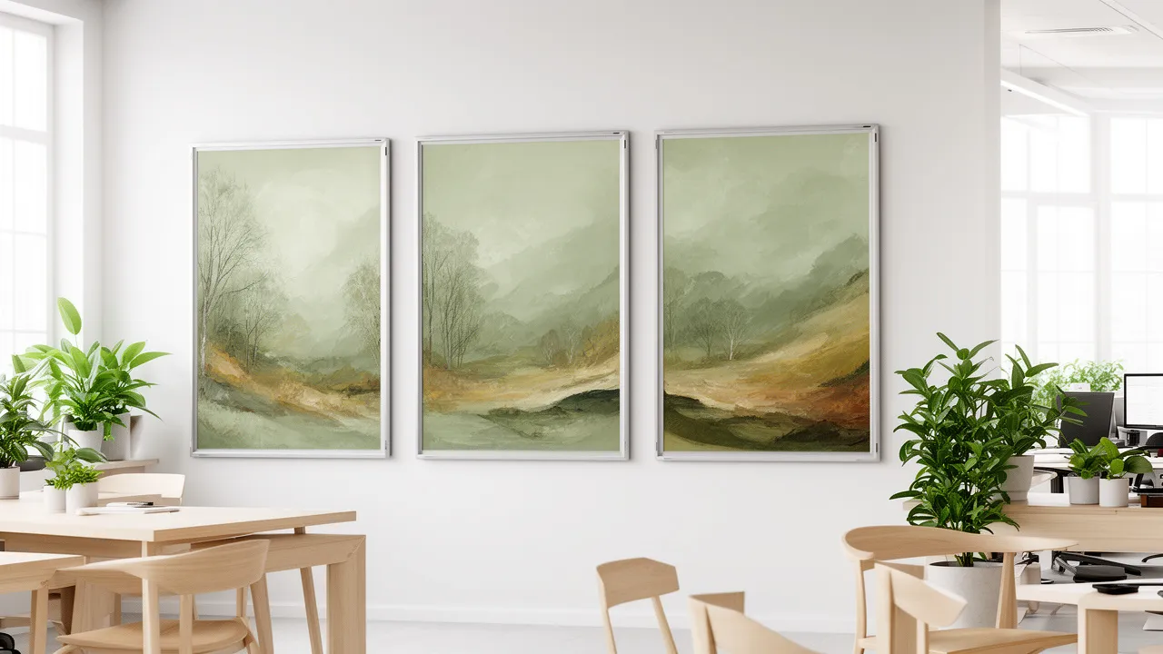 AI-genererad konst i moderna magnetramar p&aring; ett skandinaviskt kontor